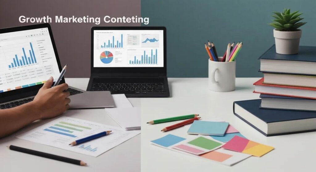 Visual representation of growth marketing versus content marketing, highlighting their distinct approaches and methodologies