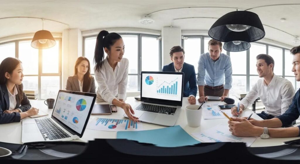 Diverse marketing team collaborating in a modern office, emphasizing growth and innovation